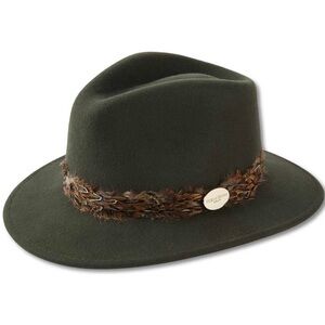 Hicks & Brown Suffolk Fedora Olive Green w/Pheasant feather band, sz XS